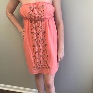 Peachy Pink Strapless Dress With Gold Stud Front